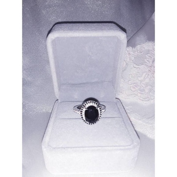 Black Sapphire & Diamond Ring Sz 6 - 925 Silver Cocktail Ring NIB - Picture 5 of 5